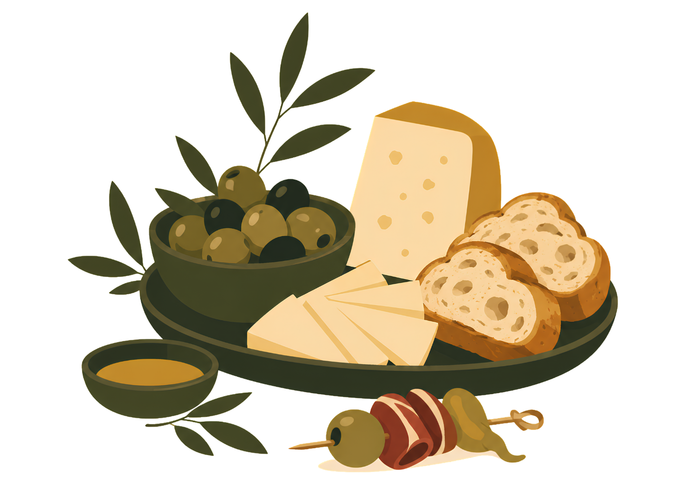 Španělské tapas, olivy, pečivo a středomořské dobroty